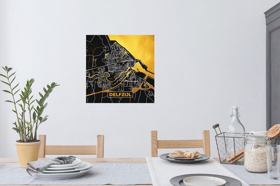 Stickers muraux - Delfzijl - Black and Gold et Or - Carte - Plan de la ville - Carte - 80x80 cm - Feuille adhésive