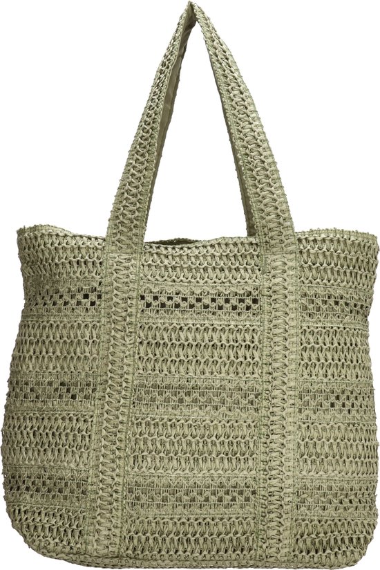 Olijfgroene, gehaakte shopper met gevlochten handvatten en open structuur.
