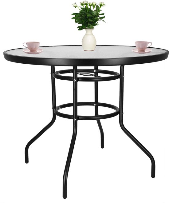 Table de jardin Springos | table d'extérieur | Table d'appoint d'extérieur | Métal | Verre trempé | Rond | 90 x 72 cm | Noir