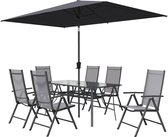 NATERIAL - Tuinmeubelset OVION - Rechthoekige tafel 168X88X73 cm - 6 klapstoelen - 1 parasol 293X300 cm - Aluminium - Staal - Glas - Textilene - Antraciet - Tuinmeubelen