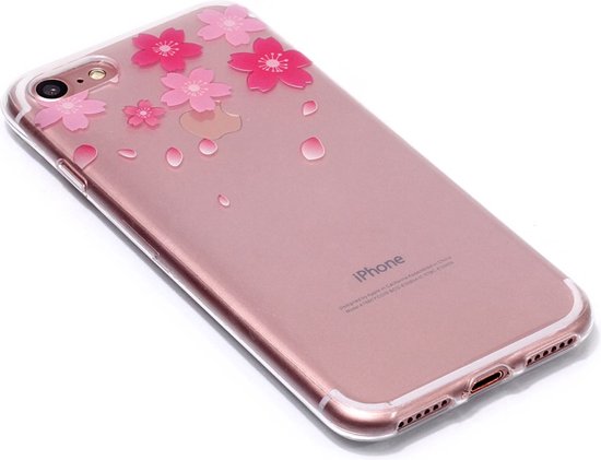 Coque iPhone rose clair avec imprimé fleurs de cerisier rose, translucide.