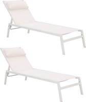 Set - Lot de 2 bains de soleil RIBA - 2 chaises de jardin - Appui-tête - Charge jusqu'à 100 kg - 199x61x32 cm - Avec coussins intégrés - Chaises Chaises longues avec sous-couche - Acier - Textilène - Wit