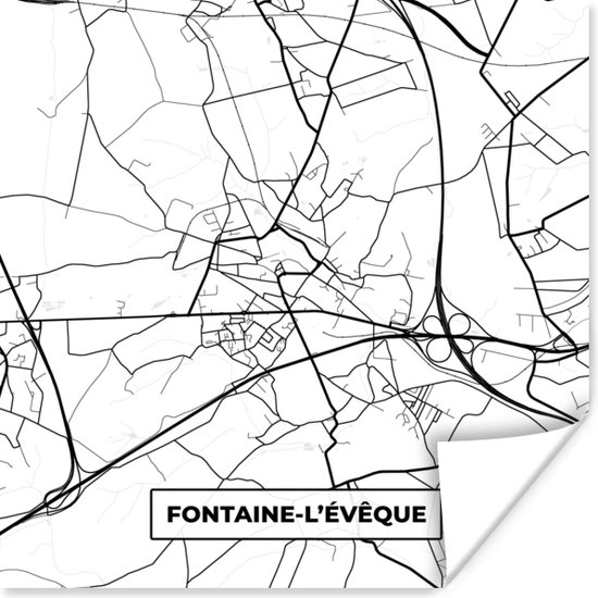 Poster Kaart – Plattegrond – Stadskaart – Fontaine l'évêque – België – Zwart Wit - 100x100 cm XXL