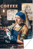 Poster Meisje met de parel - Schilderij bewerkt - Barista - Vermeer - Koffie - Cappuccino - 40x60 cm