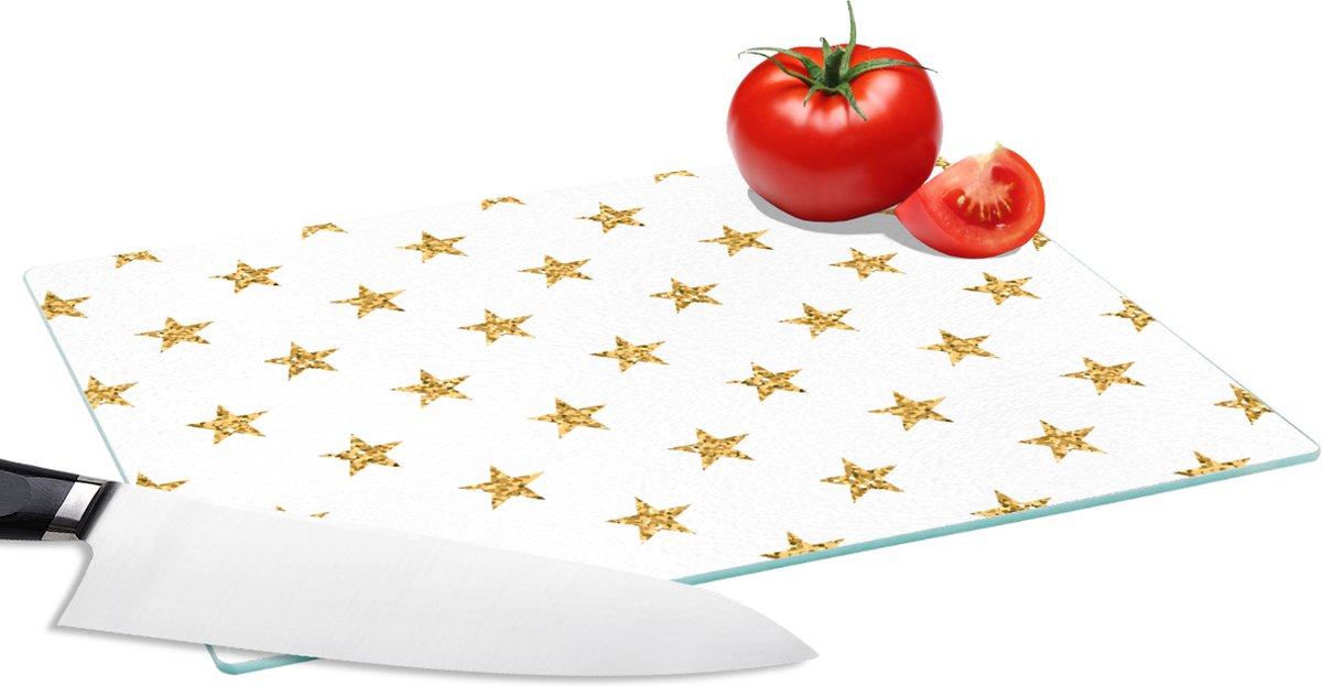 Glazen Snijplank - 28x20 - Sterren - Glitter - Goud - Design - Kerst - Snijplanken Glas