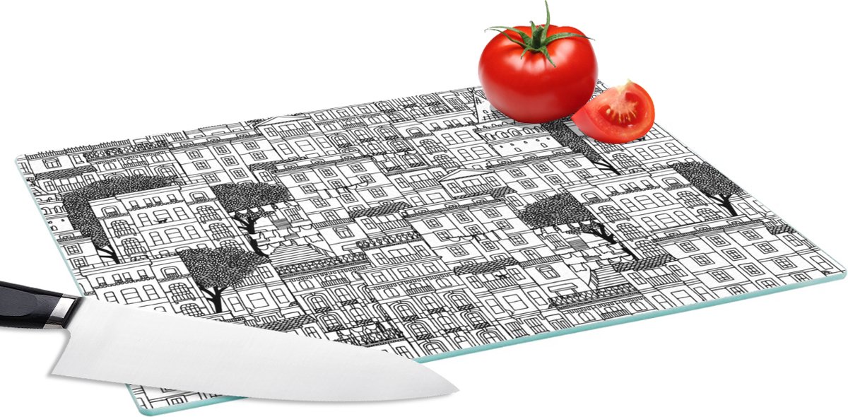 Glazen Snijplank - 39x28 - Patroon - Huizen - Steden - Snijplanken Glas