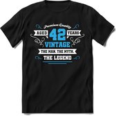 42 Jaar Legend - Feest kado T-Shirt Heren / Dames - Wit / Blauw - Perfect Verjaardag Cadeau Shirt - grappige Spreuken, Zinnen en Teksten. Maat 3XL