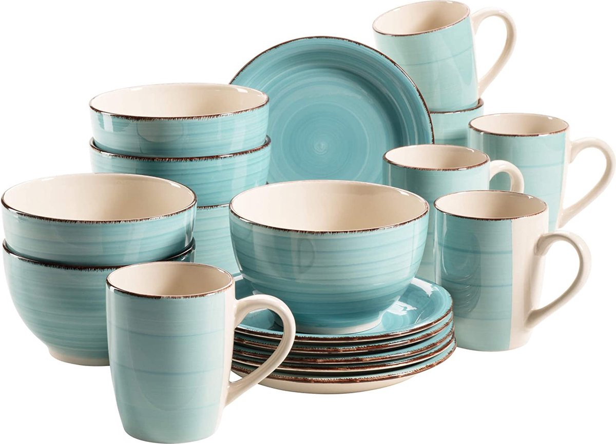 MÄSER 931496 Bel Tempo II ontbijtservies voor 6 personen in vintage look, handbeschilderd keramiek, 18-delige serviesset, turquoise, aardewerk