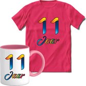 11 Jaar Vrolijke Verjaadag T-shirt met mok giftset Roze | Verjaardag cadeau pakket set | Grappig feest shirt Heren – Dames – Unisex kleding | Koffie en thee mok | Maat M