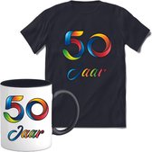 50 Jaar Vrolijke Verjaadag T-shirt met mok giftset Zwart | Abraham en Sarah Verjaardag cadeau pakket set | Grappig feest shirt Heren – Dames – Unisex kleding | Koffie en thee mok | Maat 3XL