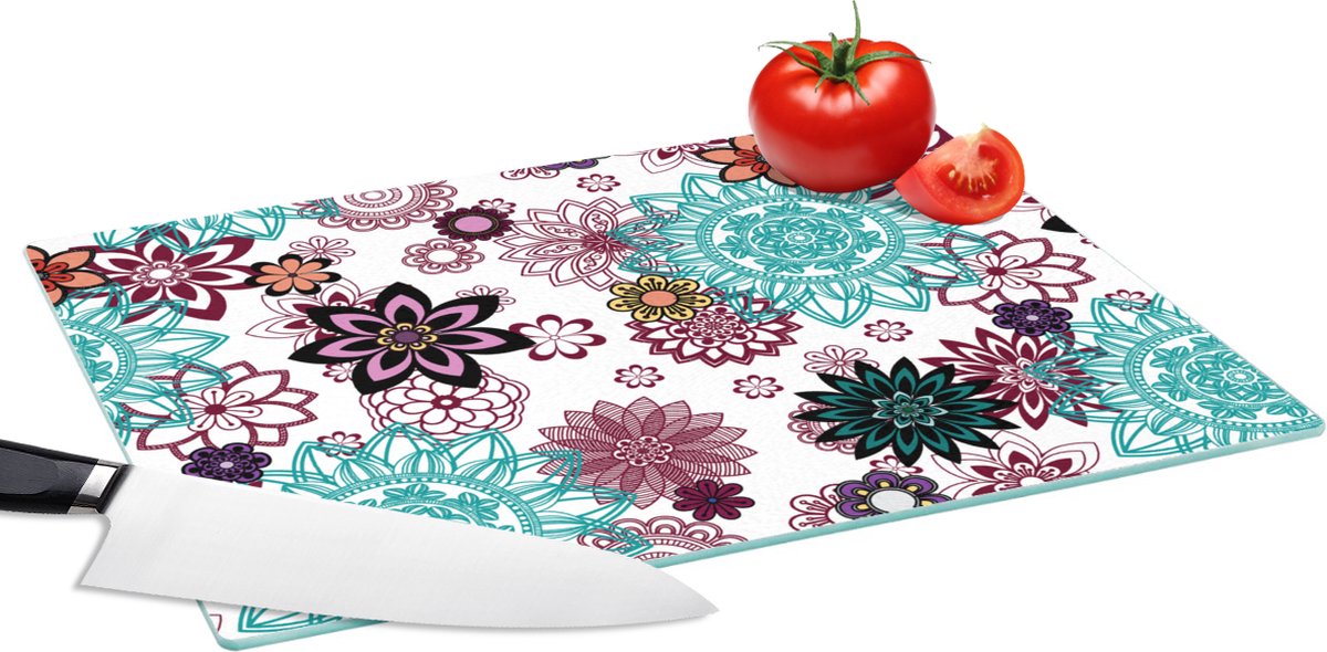 Glazen Snijplank - 39x28 - Mandala - Bloemen - Patroon - Snijplanken Glas