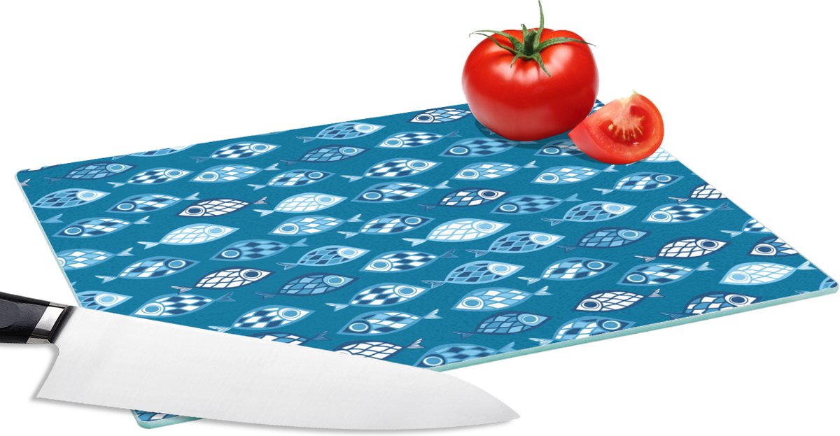 Glazen Snijplank - 28x20 - Vissen - Blauw - Patronen - Snijplanken Glas