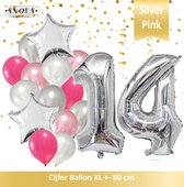 Cijfer Ballon 14 Jaar Zilver Roze White Pearl Boeket * Hoera 14 Jaar Verjaardag Decoratie Set van 15 Ballonnen * 80 cm Verjaardag Nummer Ballon * Snoes * Verjaardag Versiering * Ve