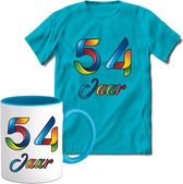 54 Jaar Vrolijke Verjaadag T-shirt met mok giftset Blauw | Verjaardag cadeau pakket set | Grappig feest shirt Heren – Dames – Unisex kleding | Koffie en thee mok | Maat L