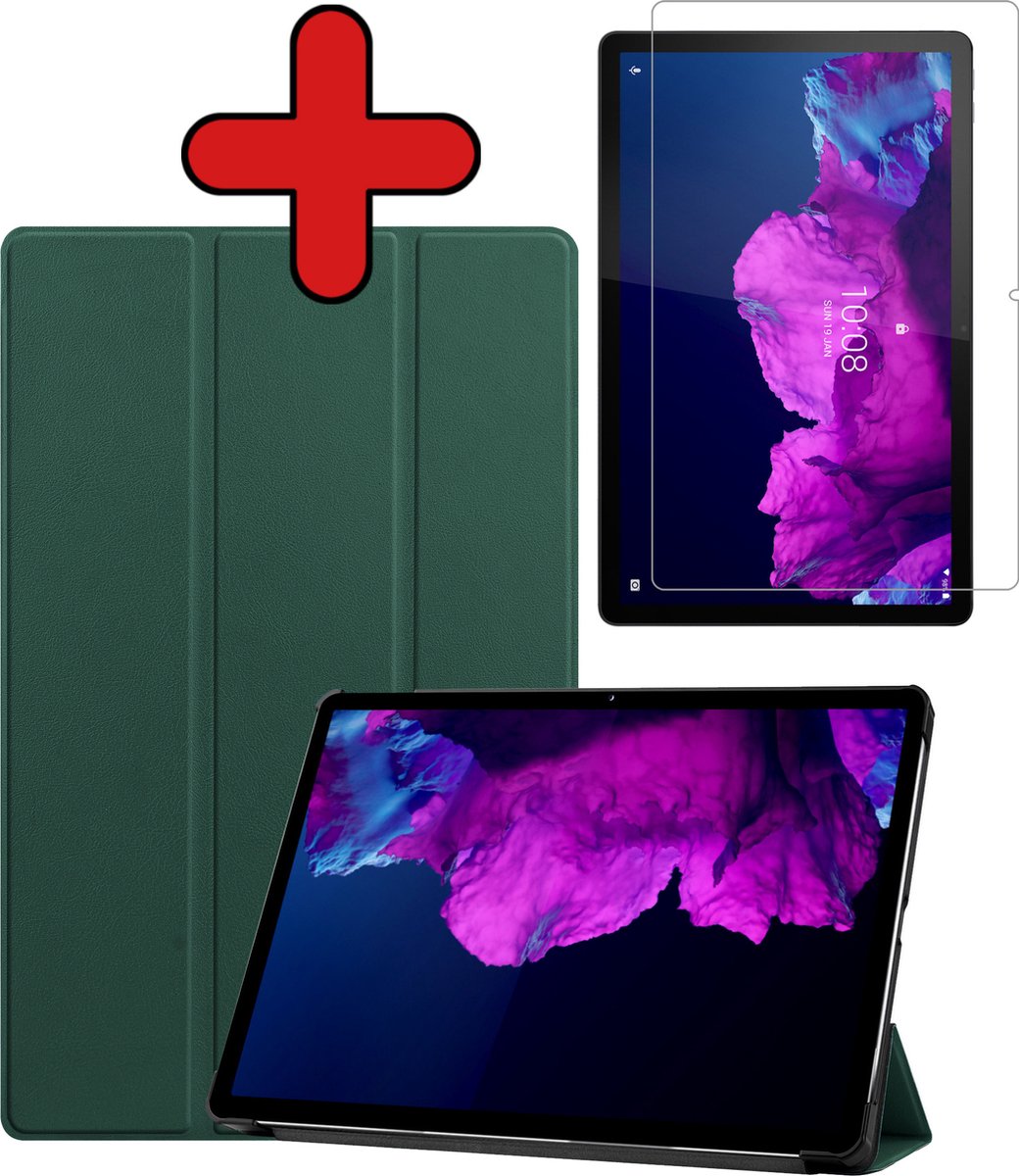Hoesje - Geschikt voor Lenovo Tab P11 - Met Screenprotector - Hardcover Book Case - Trifold Bookcase Hoes - Hard Cover - Tablethoes - Donkergroen