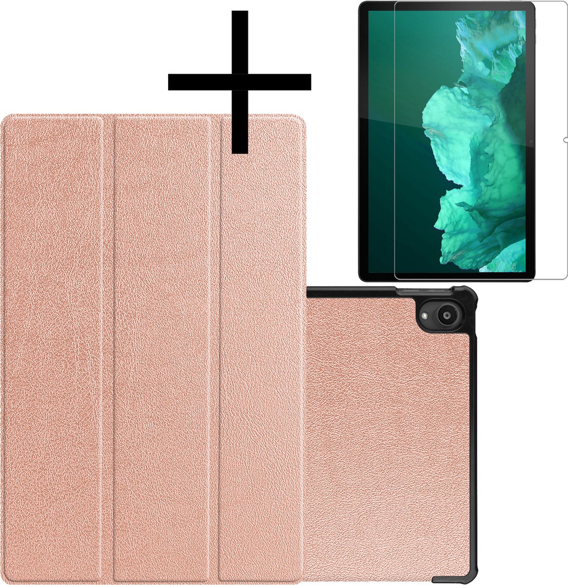 Hoes - Geschikt voor Lenovo Tab P11 - Met Screenprotector - Trifold Bookcase - Hard Cover - Hardcover Book Case - Tablet Hoesje - Rosé goud