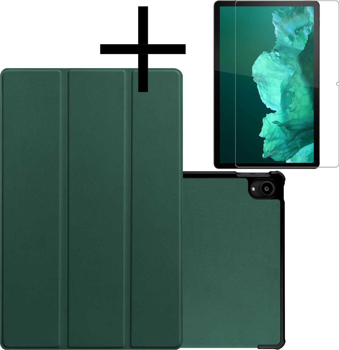 Hoes - Geschikt voor Lenovo Tab P11 - Met Screenprotector - Trifold Bookcase - Hard Cover - Hardcover Book Case - Tablet Hoesje - Donkergroen