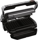 Zwarte Tefal OptiGrill contactgrill, open met wafelplaten.