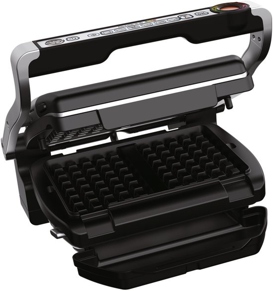 Zwarte Tefal OptiGrill contactgrill, open met wafelplaten.