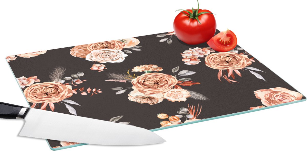 Glazen Snijplank - 39x28 - Patronen - Rozen - Zwart - Snijplanken Glas