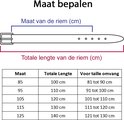 Maattabel voor riemen met lengte en tailleomvang.