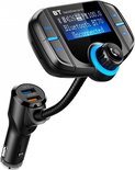 Zwarte BT handsfree autokit met flexibele nek, QC3.0 en 2.4A USB-poorten, en display met 'Bluetooth BT70 Unconnected'.