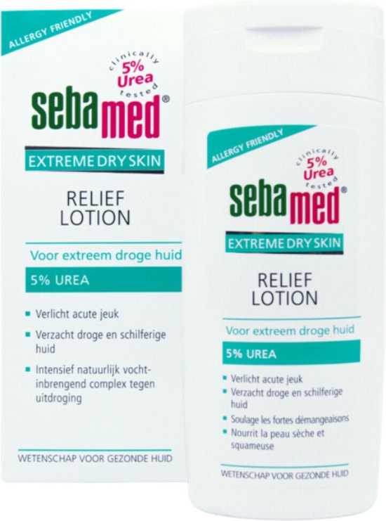 Sebamed Relief Lotion voor extreem droge huid, met 5% ureum, in verpakking en flesje.