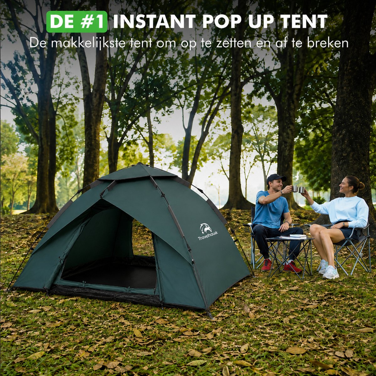 Travelhawk Pop Up Tent - 2-3 Persoons - Tent - Waterdicht - In 3 Seconden Opgezet - Groen – foto 4