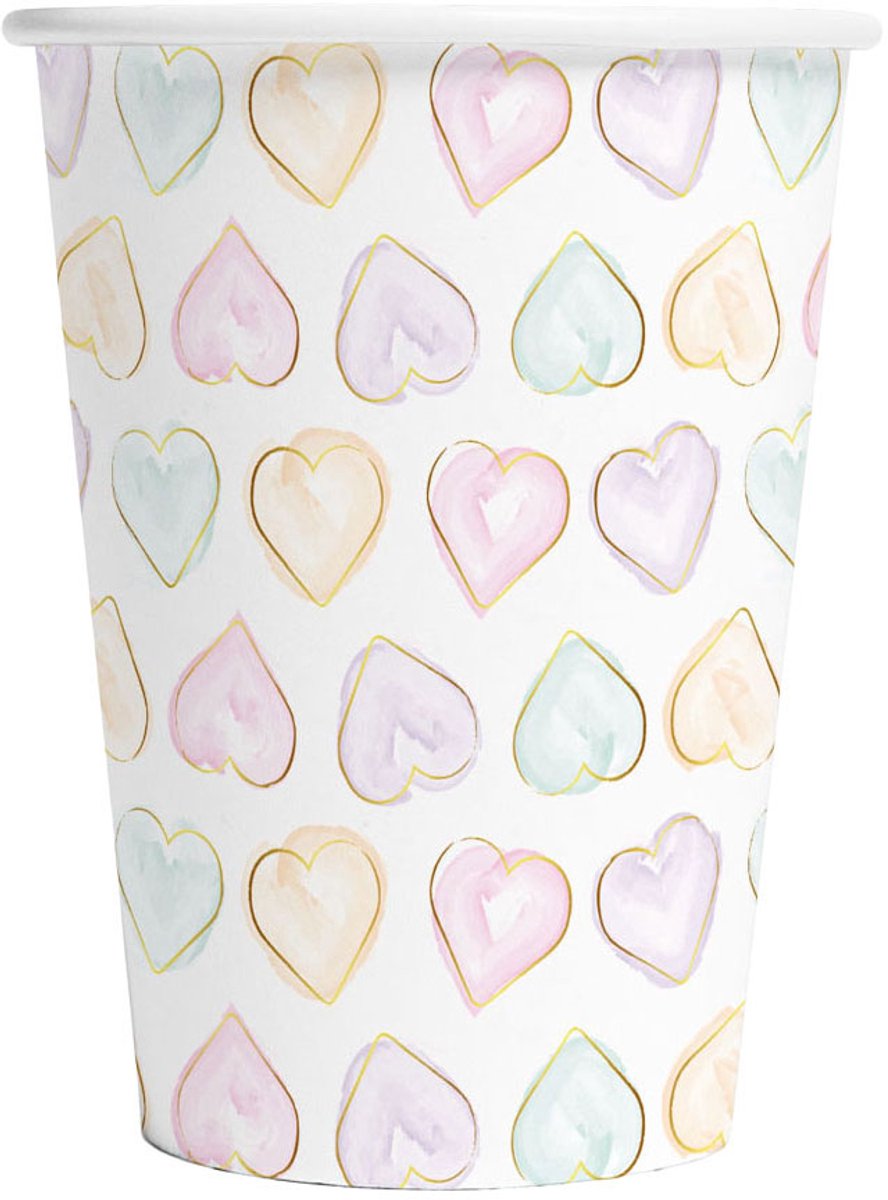 Papieren Bekers 210ml Watercolors Hearts - 8st.