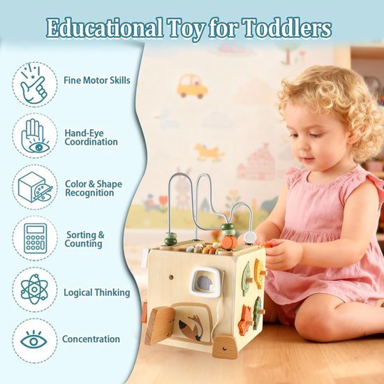 Montessori Motor Skills Cube Toy - Houten speelgoed voor baby's vanaf 18 maanden - Activiteitenkubus met motorische vaardigheden - Houten motorisch speelgoed voor 1-2 jaar, cadeau voor peuters — afbeelding 4