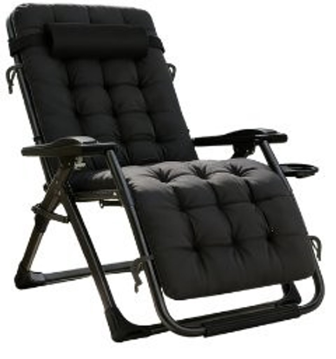 Campingstoel-Strandstoel-77cm Opvouwbare Zero Gravity Loungestoel Plus Size -Draagvermogen 160kg- Hoofdsteun-bekerhouder-Metaal-Zwart.