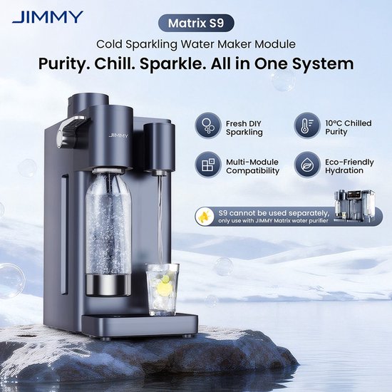 Grijze Matrix S9 bruisend water machine module met pictogrammen voor fris, modulair, 10°C gekoeld en milieuvriendelijk.
