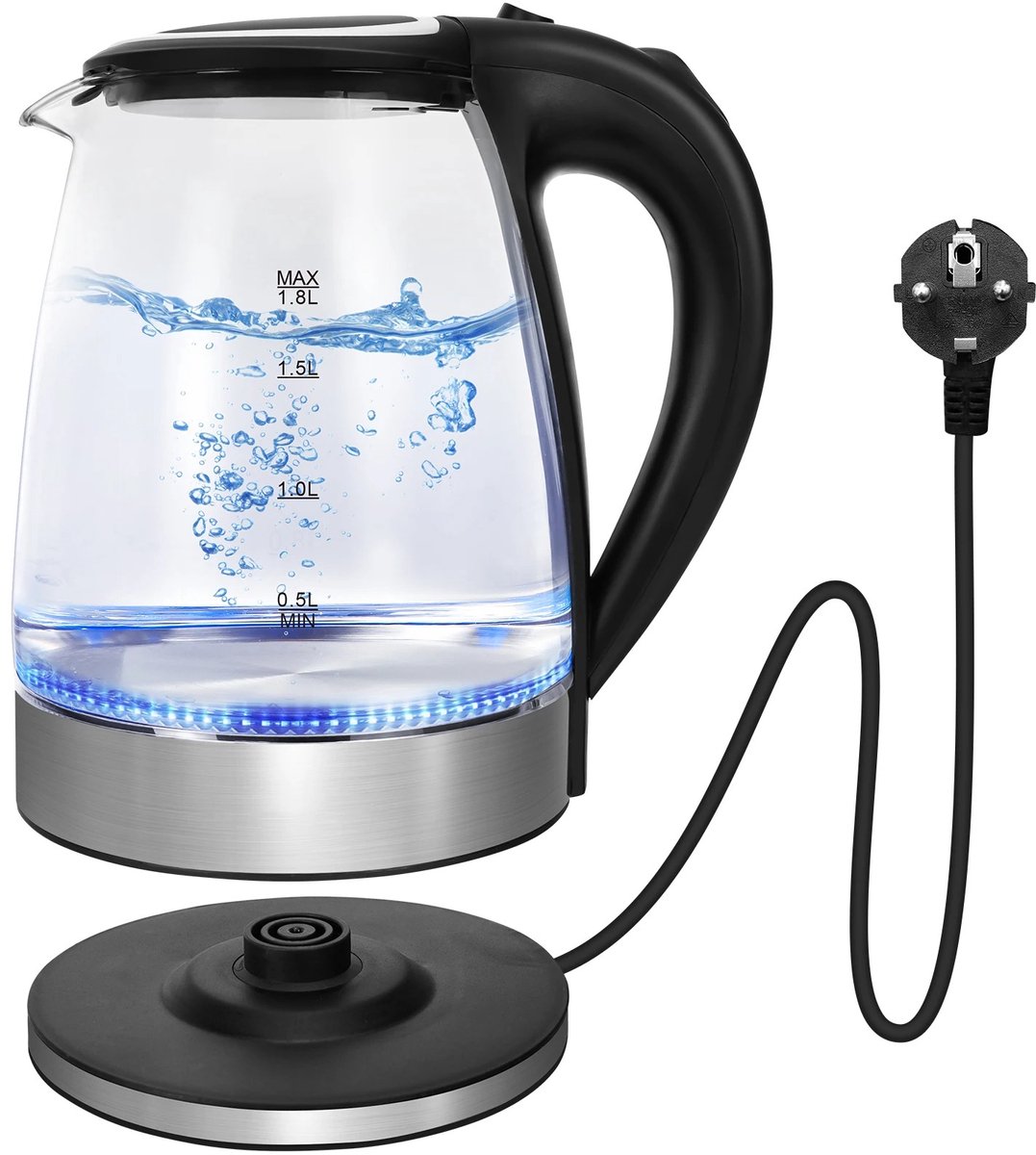 Waterkoker - Glazen Waterkoker - 1,8L - BPA-vrij - LED - Elektrische Waterkoker - Snelle Kookfunchtie - Zwart