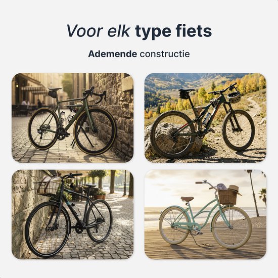 Vier fietsen in verschillende omgevingen: racefiets op steeg, mountainbike op rots, stadsfiets met mand, strandfiets.