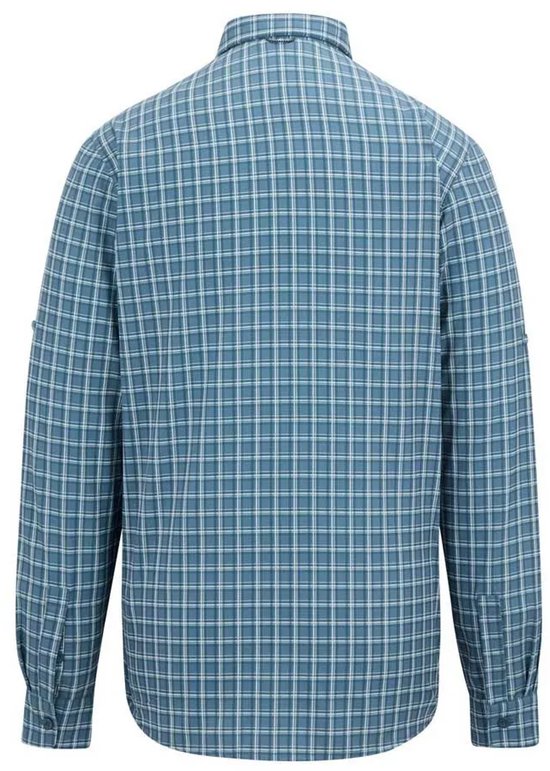 Blauw geruit overhemd met lange mouwen, achterkant.