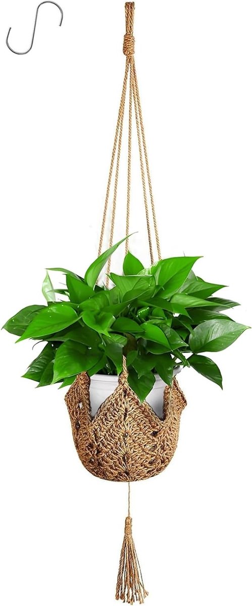 Jute Rope Macramé Plant Hanger voor Bloempotten, Hangende Plantenhouder met Haak voor Binnen en Buiten, Perfect voor Balkon en Tuin Decoratie
