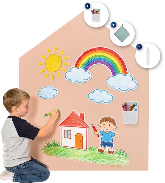 Vitasa Magnetische Muursticker - Magneetbord - Krijtbord - Kinderen - Huisvorm - 100 x 80 cm - Kameelroos - Incl Accessoires