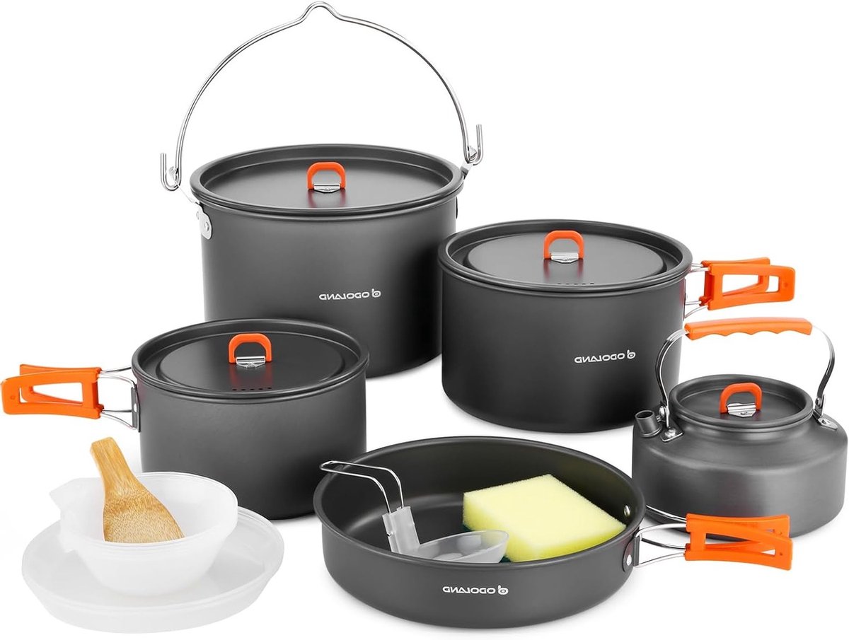 Camping Kookgerei Set van 16 Stukken met Pannen, Kookpot en Waterkoker voor Buiten, Ideaal voor Kamperen, Reizen en Picknicks