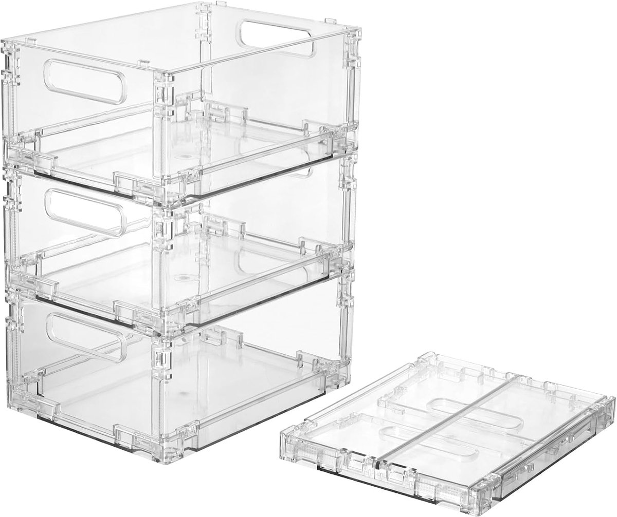 Comfortabele koelkastorganizer in vier delen met handgrepen, opvouwbaar en stapelbaar, transparant, BPA-vrij, voor voor het organiseren van keuken, koelkast, kast en Geschikt voorraadkast.