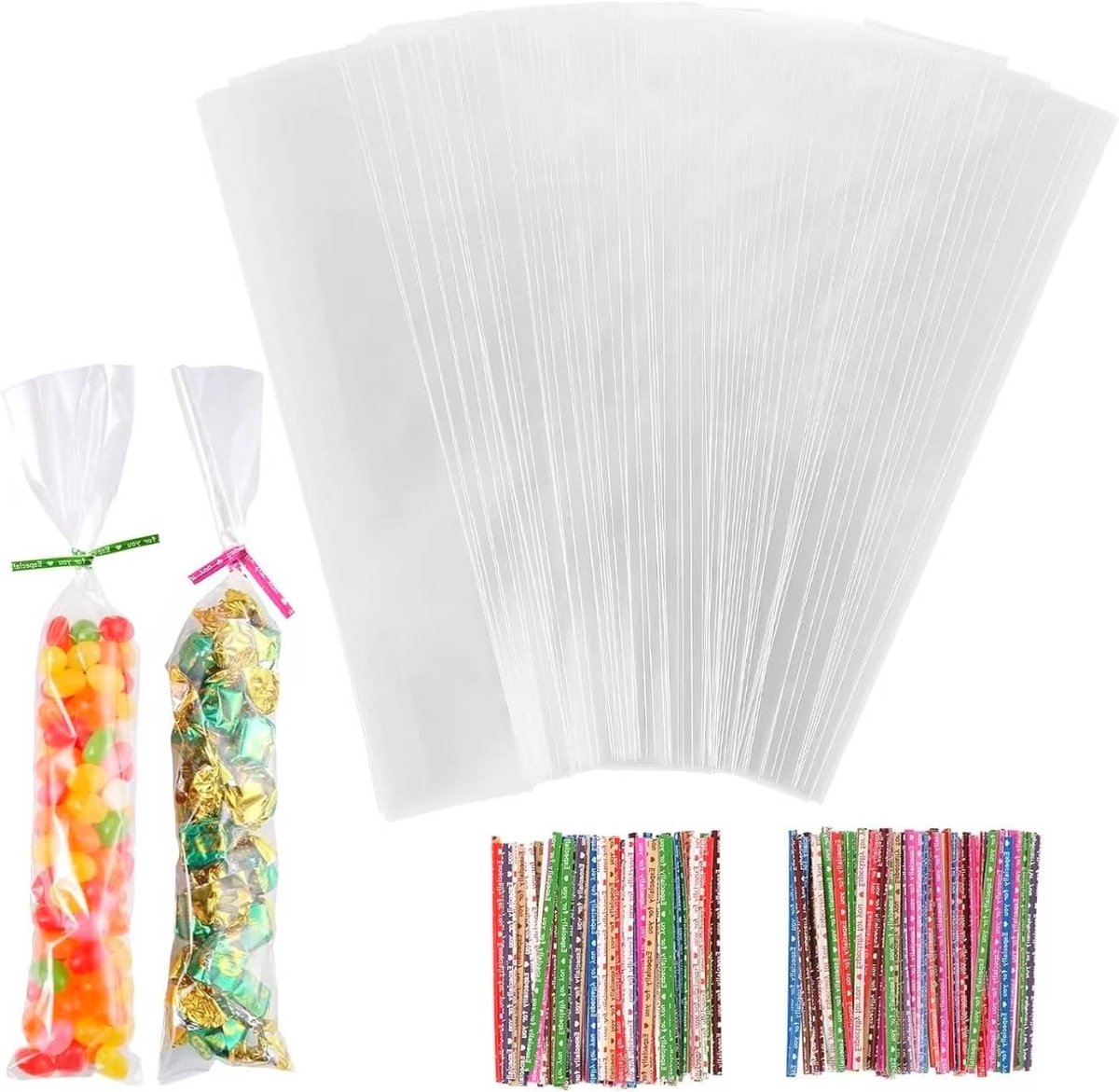 200 Stuks Doorzichtige Cellofaanzakjes 25x5cm met 200 Kleurrijke Bandjes voor Snoep, Koekjes en Feestjes zoals Bruiloften en Verjaardagen