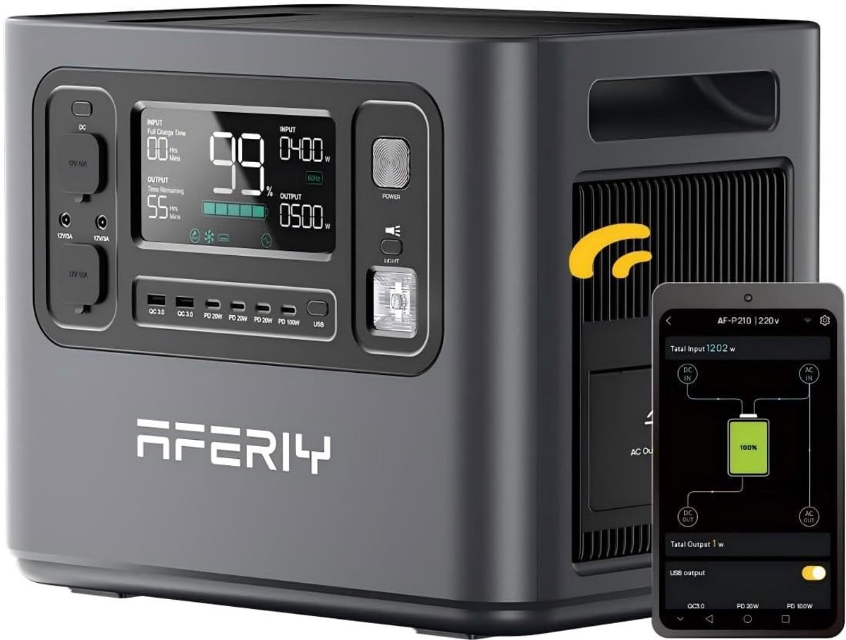 AFERIY Haven2400 Draagbaar Energie Station 2400W 2048Wh – Snelladen in 2 uur - LiFePO4 Batterij - UPS-functie - Stil 35 dB - voor Thuis - Camping & Noodstroom