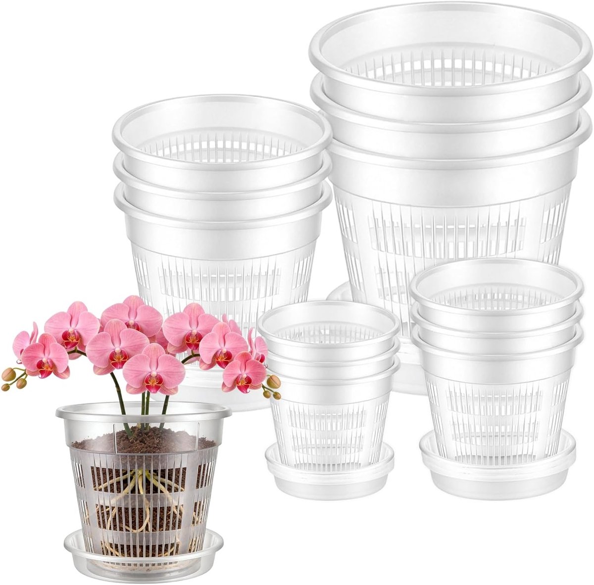 Set van 12 doorzichtige orchideeënpotten met afvoergaten en schotels, 11cm/14cm/16cm/19cm, ideaal voor herplanten en zaadstarten