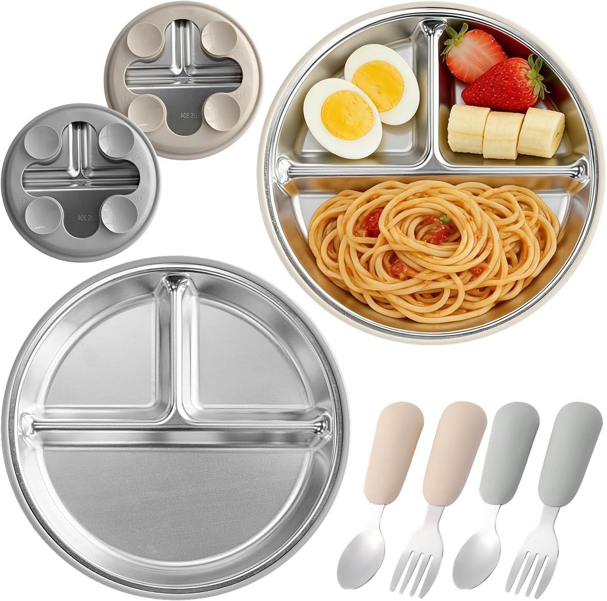 Kinderen Suction Plates Set met 2 Lepels en Vorken, Antislip Voedingsset voor Baby's, Roestvrij Staal, BPA Vrij, Perfect voor Eten en Spelen