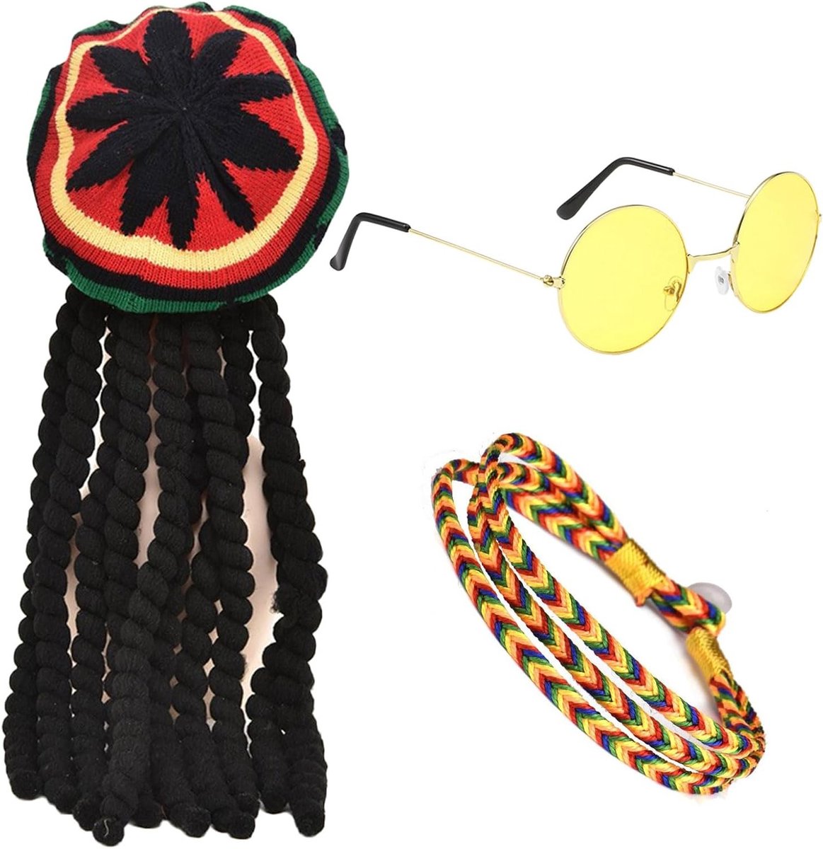 3-delige Rasta Set met Hoed en Zwarte Dreadlocks Peruk, Gele Zonnebril, Gevlochten Armband, Jamaicaans Carnaval Kostuum voor Feestjes en Thema Evenementen