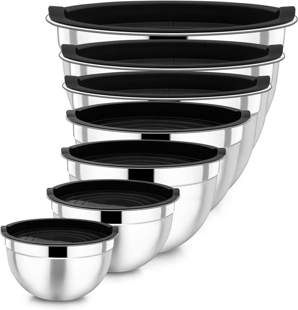 Stalen Mengkom Set van 7 Stuks, Inclusief Luchtdichte Deksel voor Salades en Koken, Stapelbaar en Vaatwasserbestendig, Diverse Inhoudsformaten van 0.7L tot 6.5L