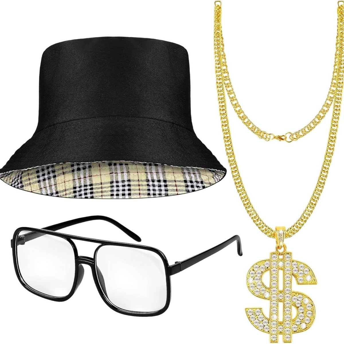 Hip Hop Kostuum Set voor Mannen en Vrouwen - Dollar Hanger, Zonnebril & Bucket Hat - Vintage Rapper Accessoires voor Feestjes en Festivals