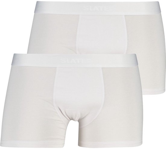 Twee witte katoenen boxershorts met elastische tailleband.
