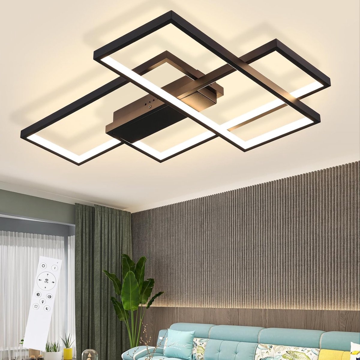 Dimbare LED Plafondlamp van 65 cm in Zwart voor Woonkamer, Slaapkamer en Keuken met Afstandsbediening, Modern en Geometrisch Design voor Elke Ruimte