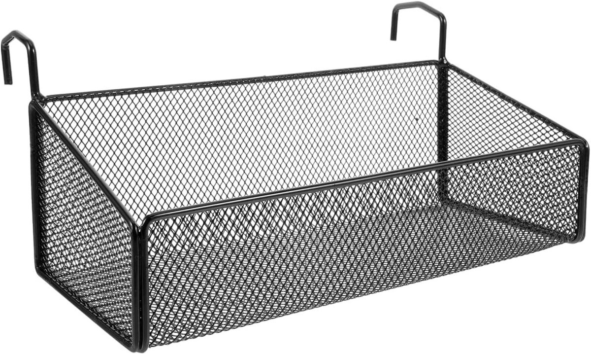 Hanging storage basket van zwart draad met haken, multifunctioneel voor badkamer, slaapkamer, keuken en zwembad, ideaal voor organisatie en decoratie