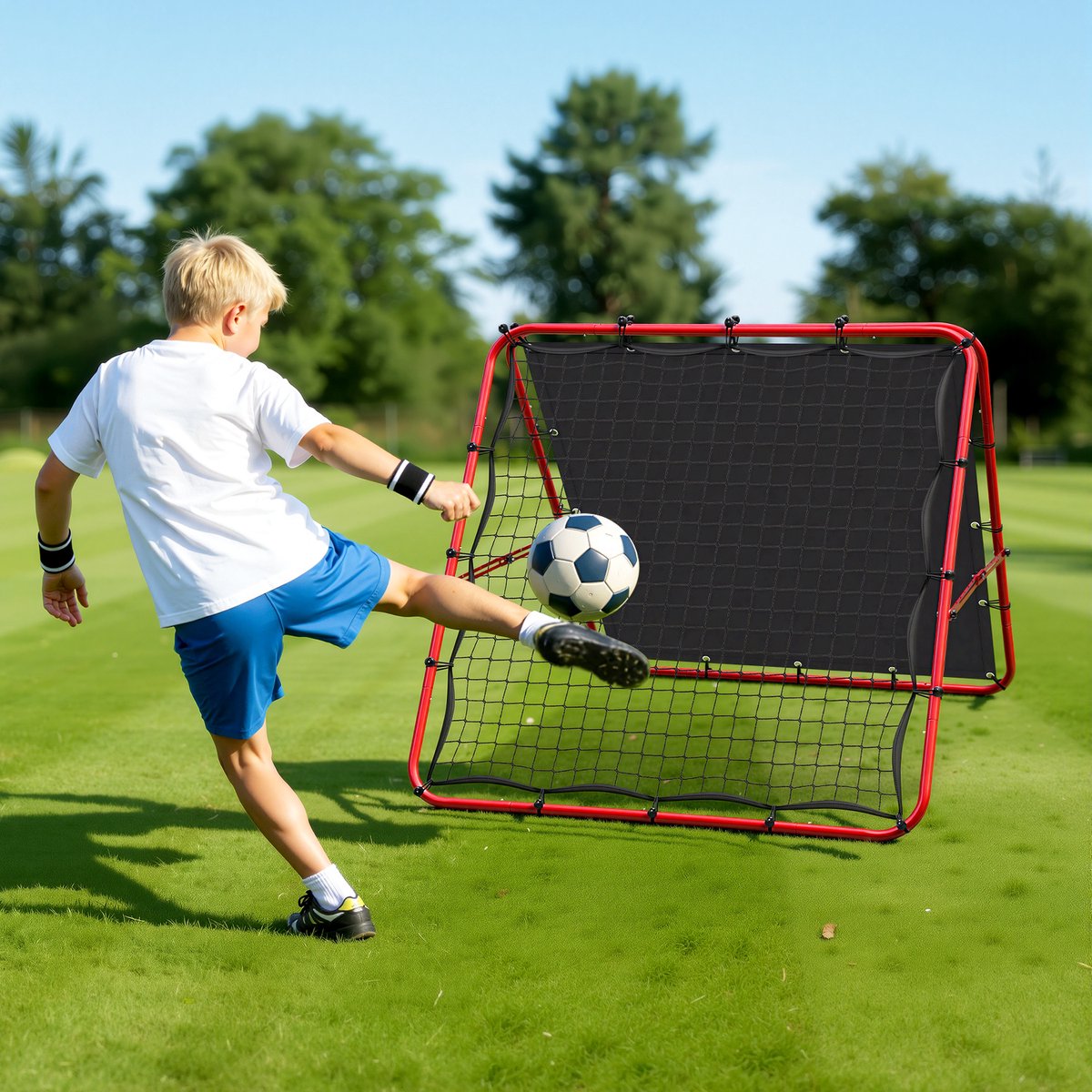 Set van 2 voetbal terugkaatsnetten dubbelzijdig 120 x 120 cm met 420D doeldoek, verstelbaar en geschikt voor beginners en gevorderden